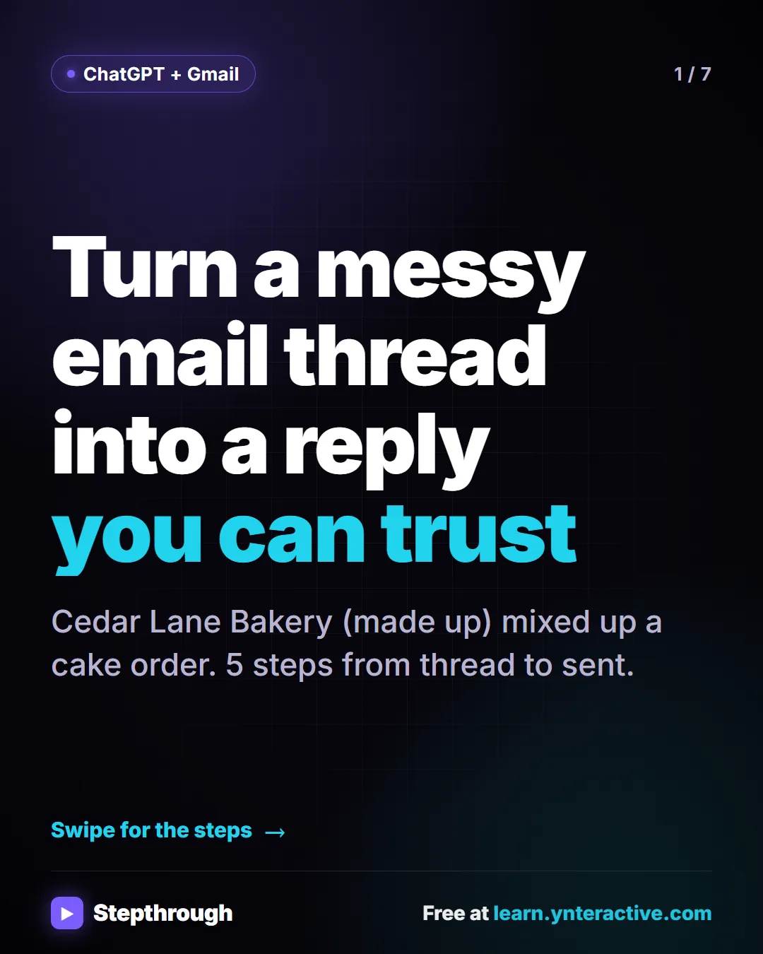 ChatGPT + Gmail. Turn a messy email thread into a reply you can trust. Cedar Lane Bakery (made up) mixed up a cake order. 5 steps from thread to sent.