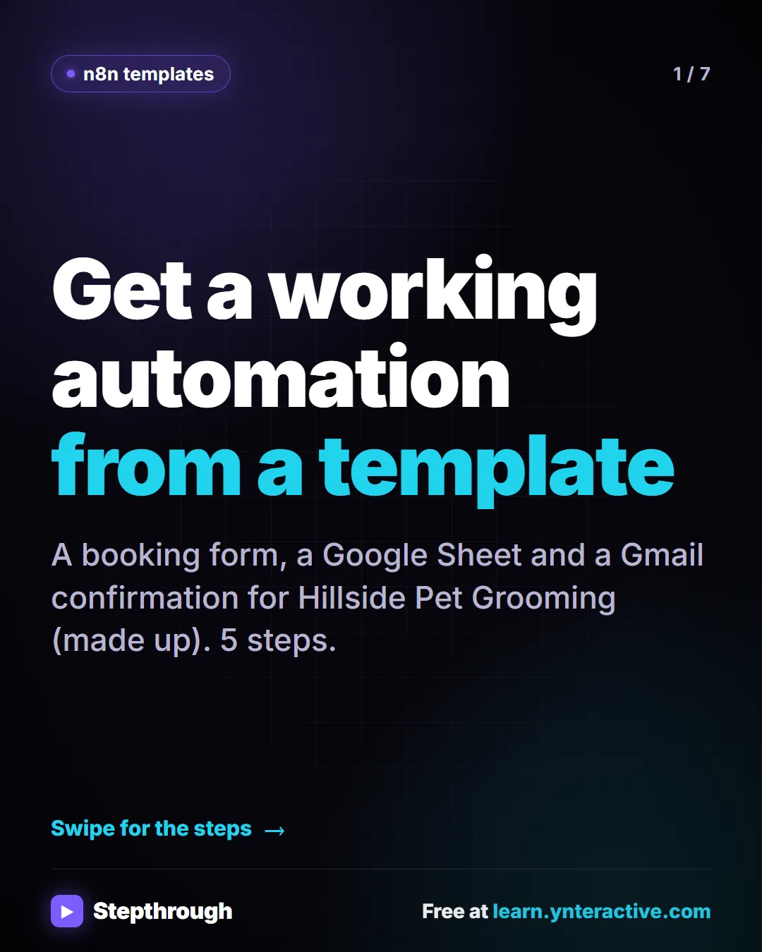 n8n templates. Get a working automation from a template. A booking form, a Google Sheet and a Gmail confirmation for Hillside Pet Grooming (made up). 5 steps.