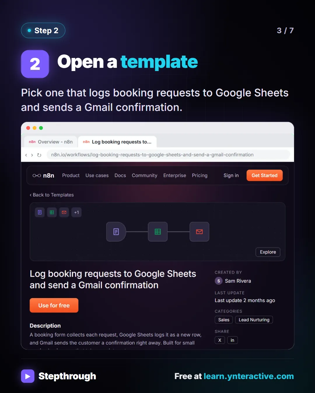 Step 2. Open a template. Pick one that logs booking requests to Google Sheets and sends a Gmail confirmation. Screenshot: n8n template page for logging booking requests to Google Sheets with a Gmail confirmation.