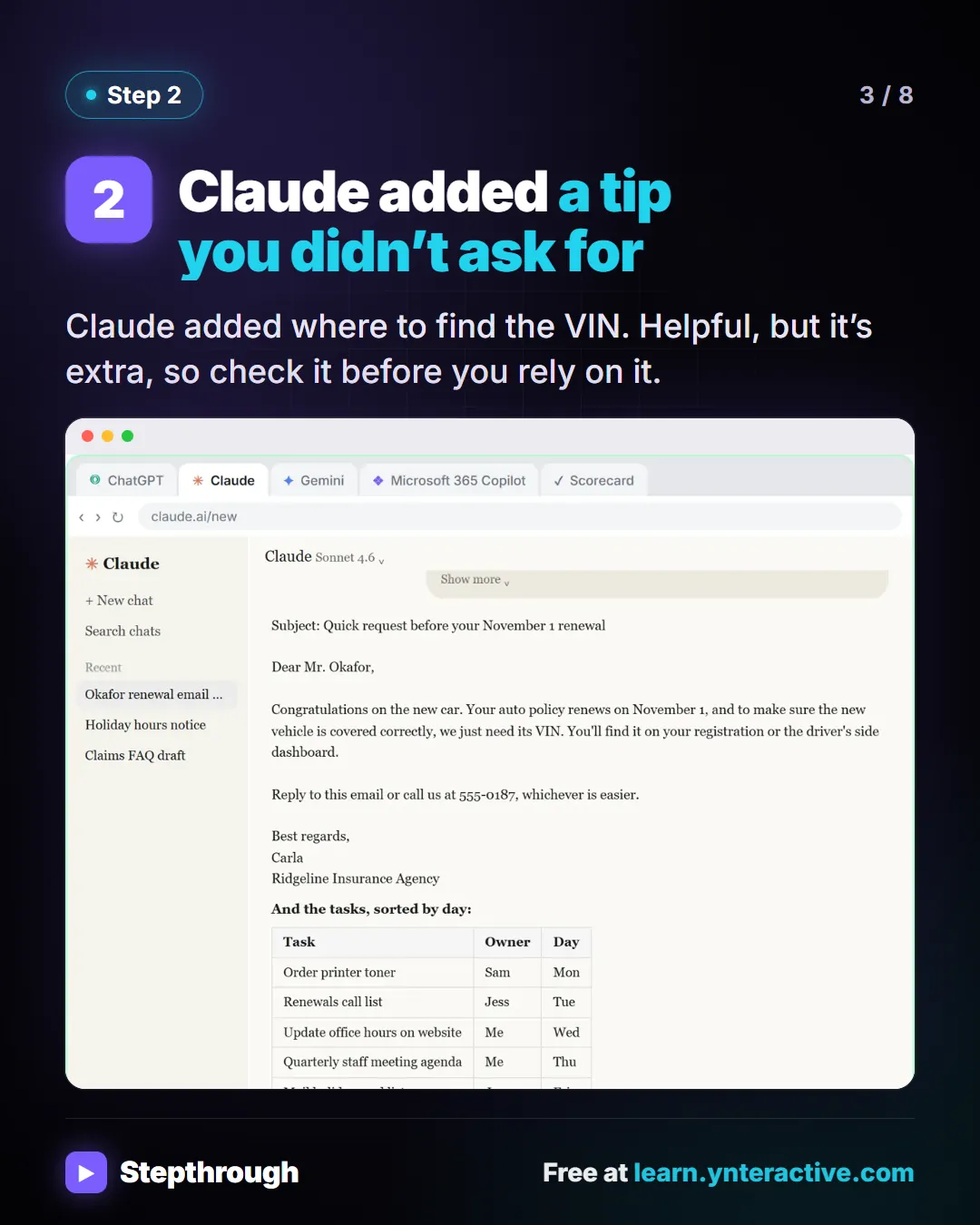 Step 2. Claude added a tip you didn’t ask for. Claude added where to find the VIN. Helpful, but it’s extra, so check it before you rely on it. Screenshot: Claude’s answer, with a note that it added where to find the VIN.