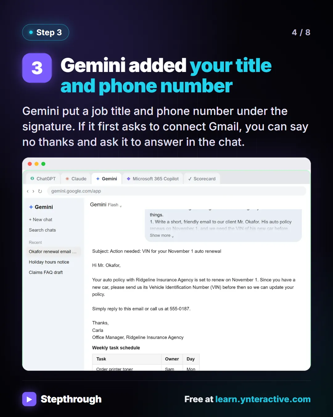 Step 3. Gemini added your title and phone number. Gemini put a job title and phone number under the signature. If it first asks to connect Gmail, you can say no thanks and ask it to answer in the chat. Screenshot: Gemini’s answer with an action subject line and a weekly task table.