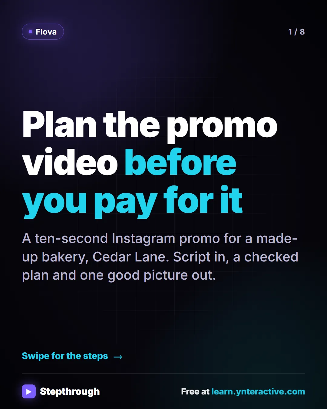 Flova. Plan the promo video before you pay for it. A ten-second Instagram promo for a made-up bakery, Cedar Lane. Script in, a checked plan and one good picture out.