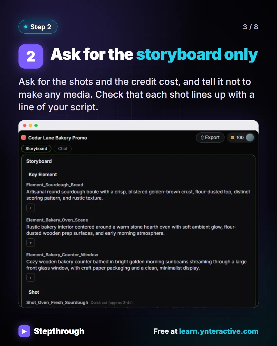 Step 2. Ask for the storyboard only. Ask for the shots and the credit cost, and tell it not to make any media. Check that each shot lines up with a line of your script. Screenshot: Flova storyboard panel listing Key Elements and the first Shot.