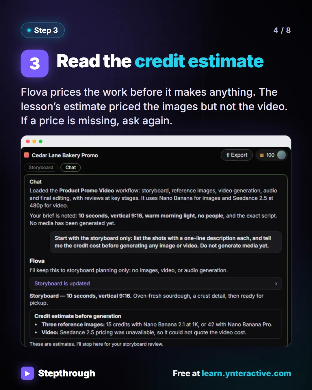 Step 3. Read the credit estimate. Flova prices the work before it makes anything. The lesson’s estimate priced the images but not the video. If a price is missing, ask again. Screenshot: Flova chat showing a credit estimate: 15 credits for three images, no price for the video.
