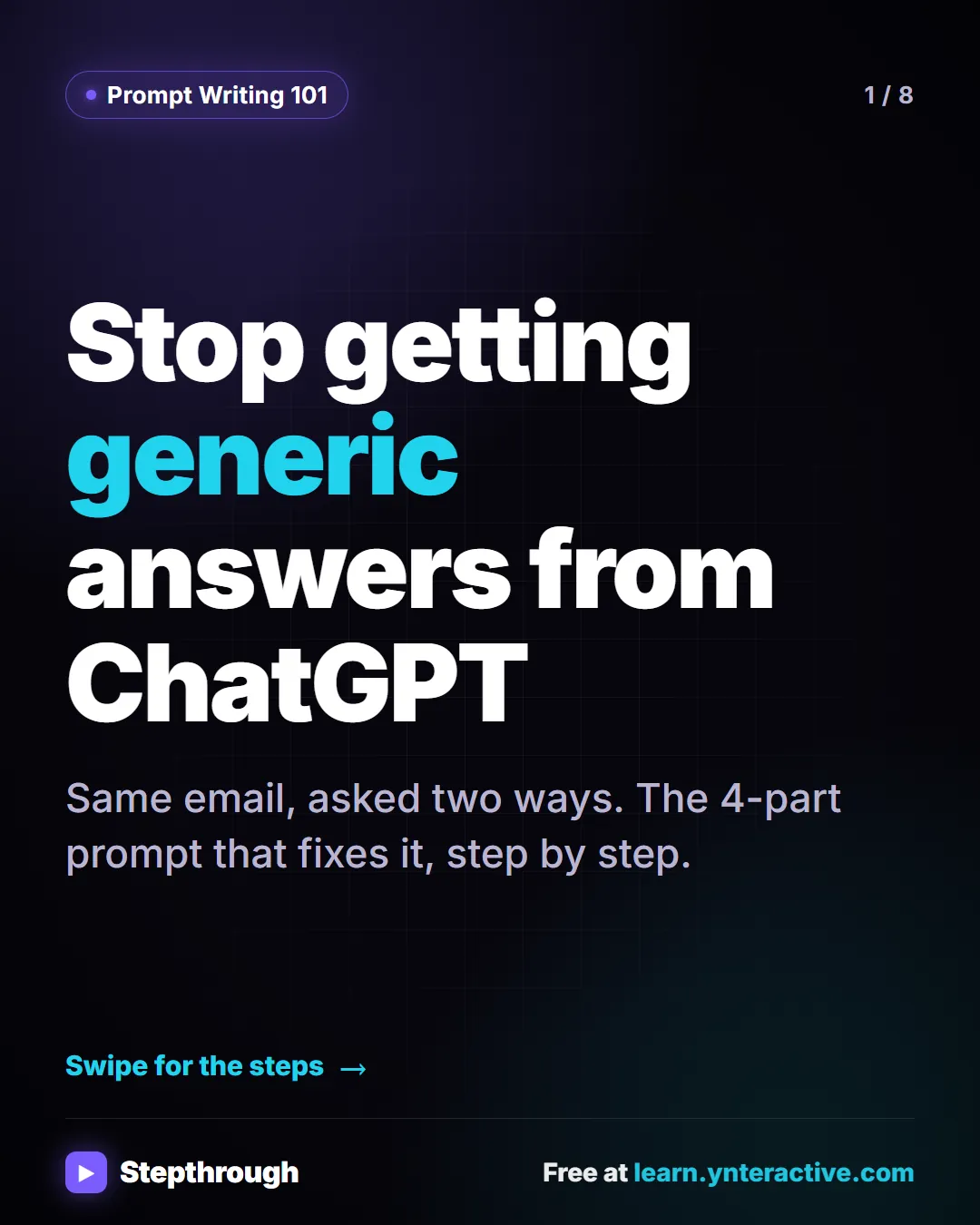 Prompt Writing 101. Stop getting generic answers from ChatGPT. Stepthrough, free at learn.ynteractive.com.