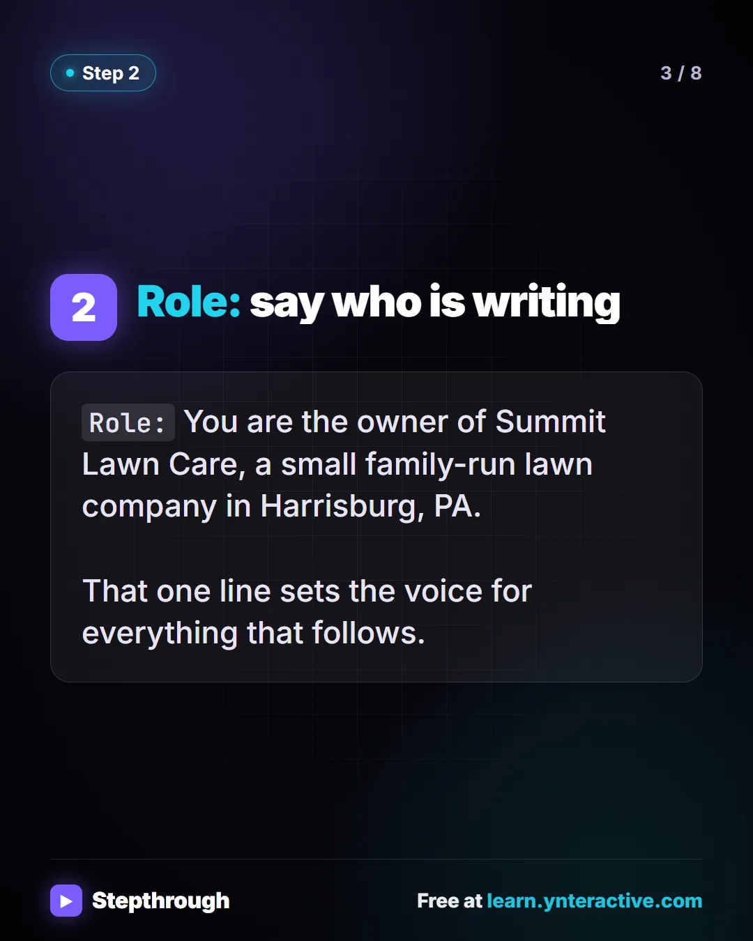 Role: say who is writing. Role: You are the owner of Summit Lawn Care, a small family-run lawn company in Harrisburg, PA. That one line sets the voice for everything that follows. Stepthrough, free at learn.ynteractive.com.