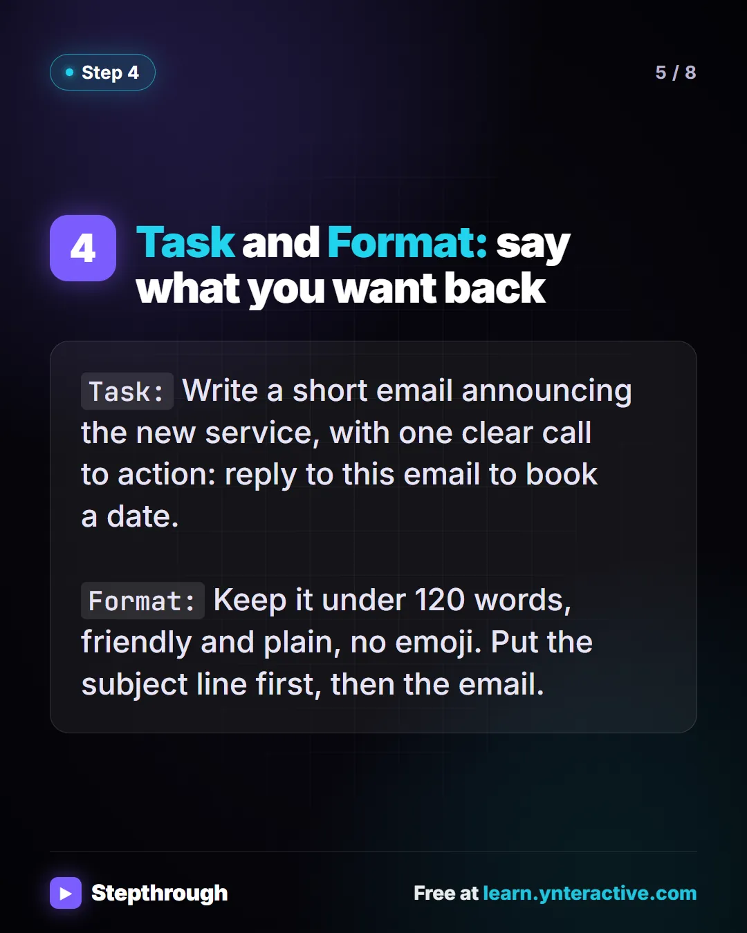 Task and Format: say what you want back. Task: Write a short email announcing the new service, with one clear call to action: reply to this email to book a date. Format: Keep it under 120 words, friendly and plain, no emoji. Put the subject line first, then the email. Stepthrough, free at learn.ynteractive.com.