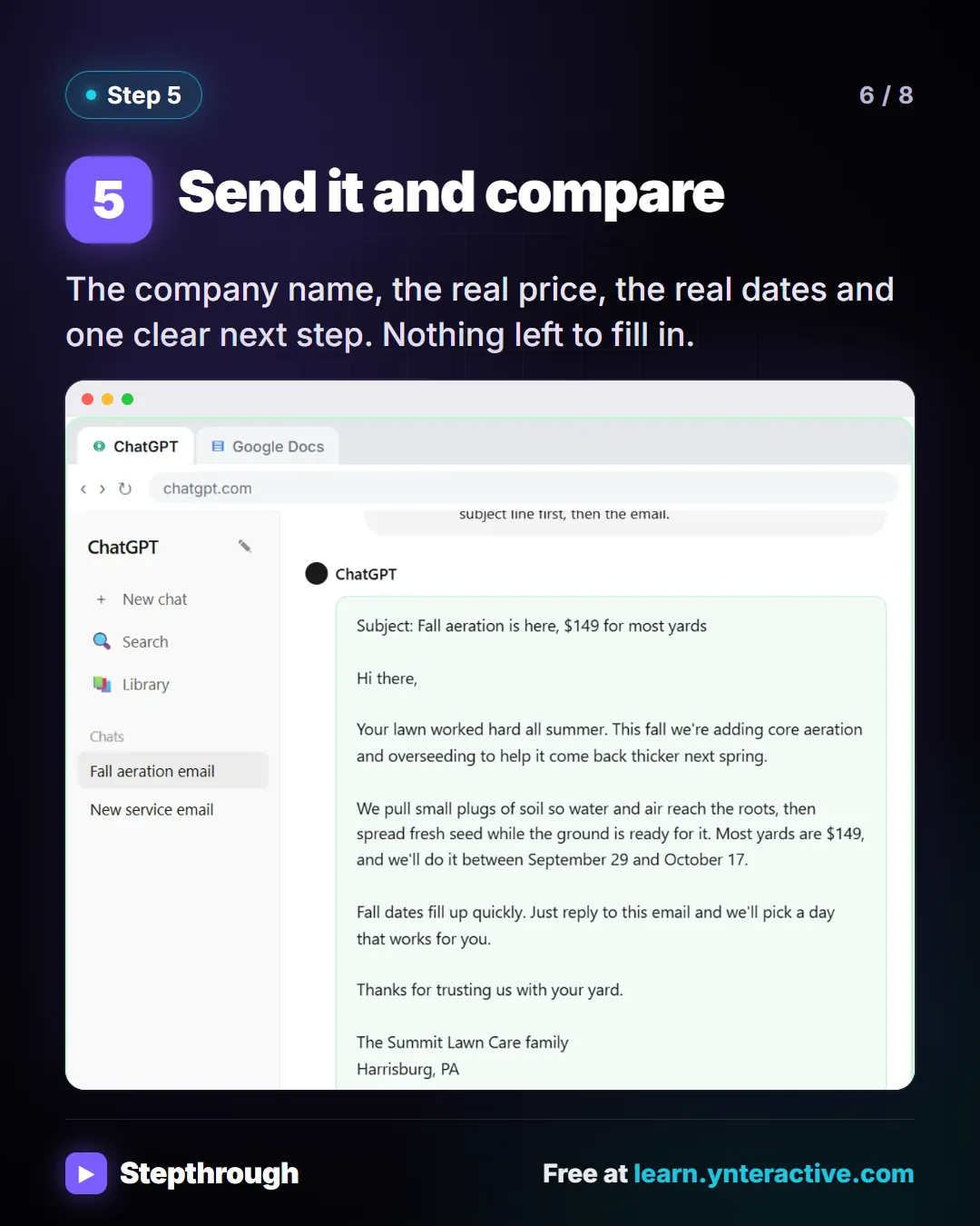 Send it and compare. The company name, the real price, the real dates and one clear next step. Nothing left to fill in. Stepthrough, free at learn.ynteractive.com.
