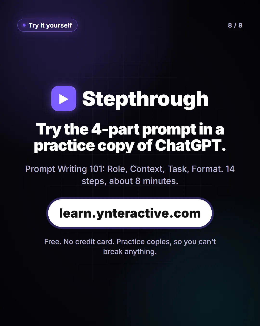 Try the 4-part prompt in a practice copy of ChatGPT. Stepthrough, free at learn.ynteractive.com.