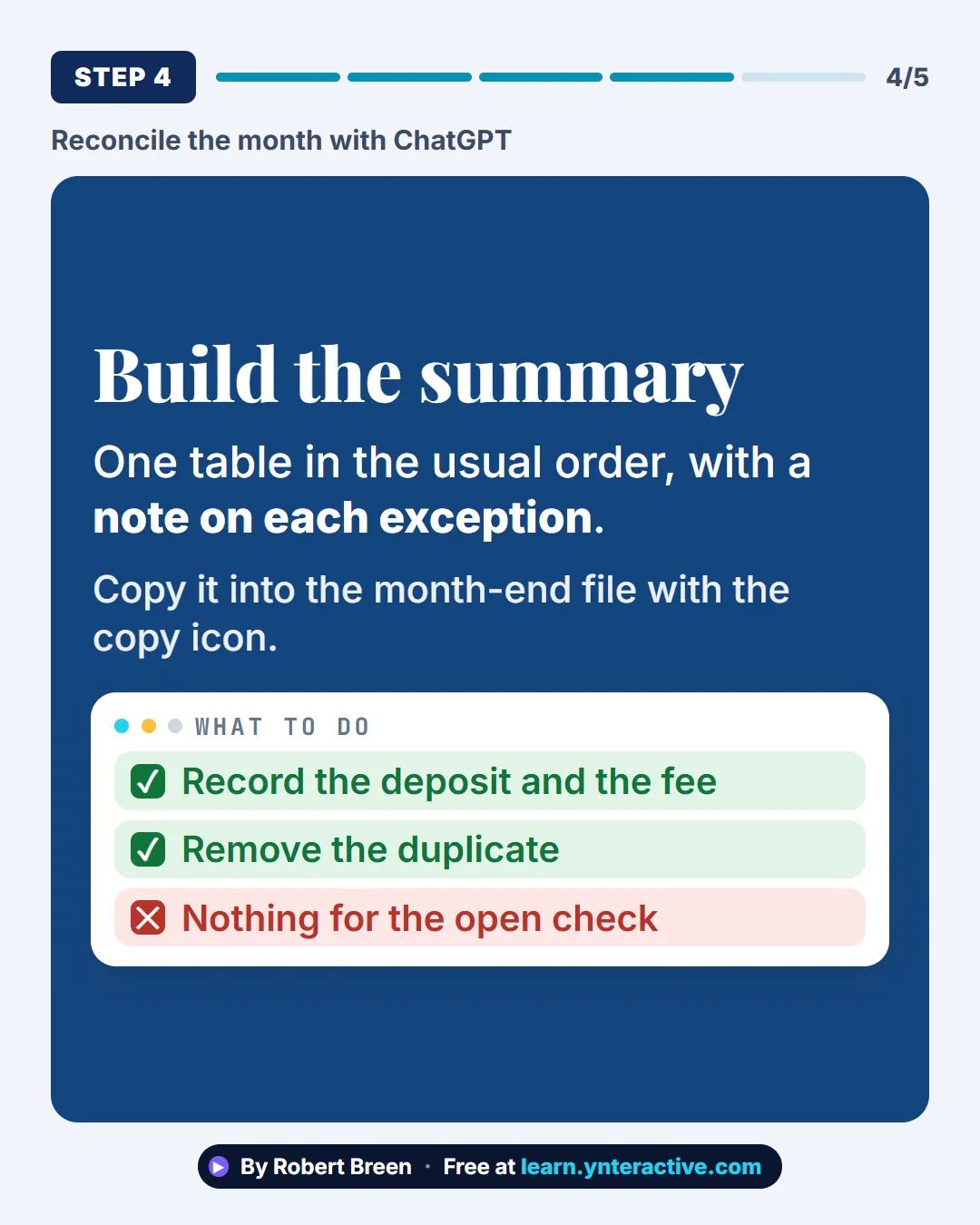 Reconcile the month with ChatGPT. Step 4: Build the summary. One table in the usual order, with a note on each exception. Copy it into the month-end file with the copy icon. By Robert Breen. Stepthrough, free at learn.ynteractive.com.