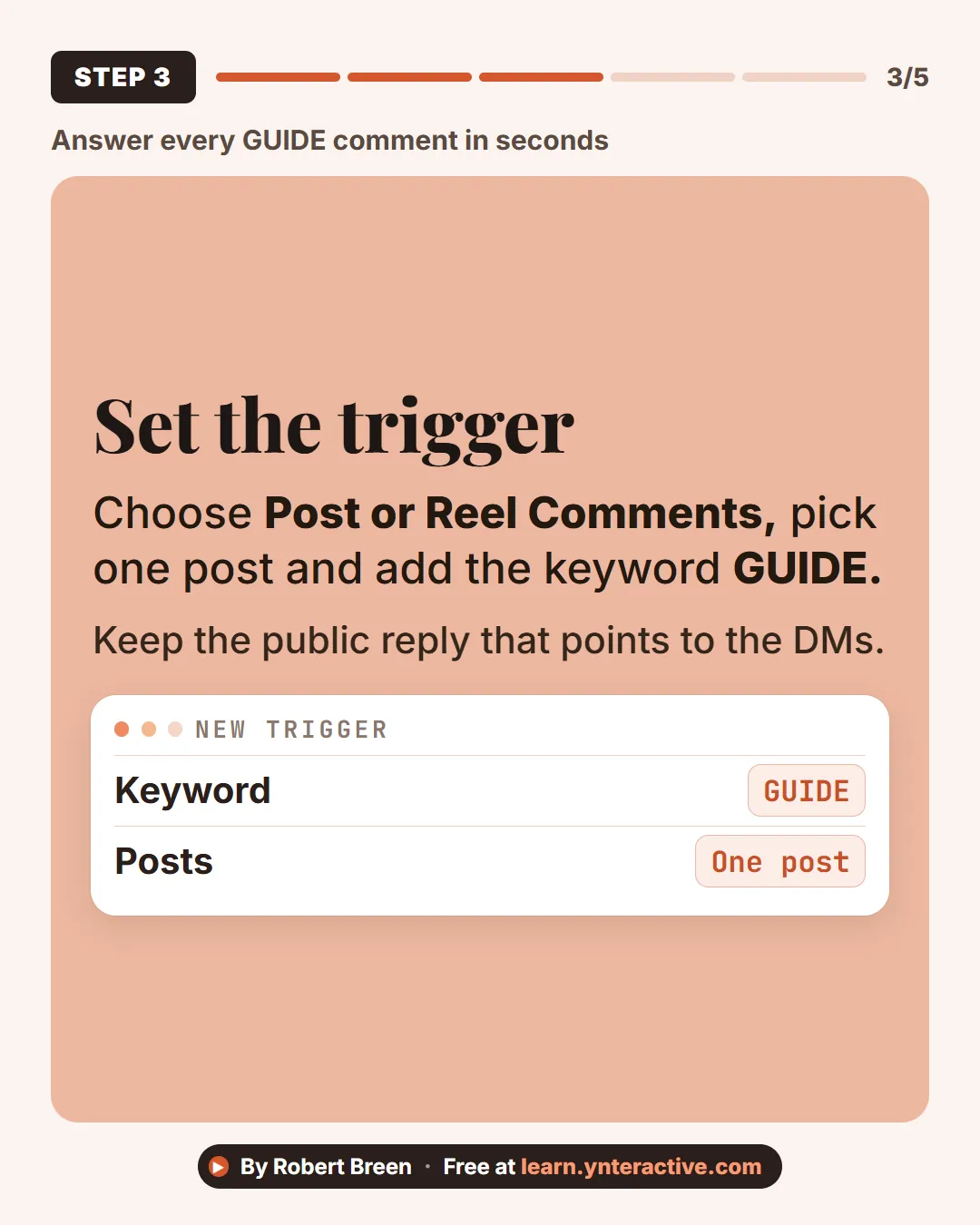 Answer every GUIDE comment in seconds. Step 3: Set the trigger. Choose Post or Reel Comments, pick one post and add the keyword GUIDE. Keep the public reply that points to the DMs. By Robert Breen. Stepthrough, free at learn.ynteractive.com.