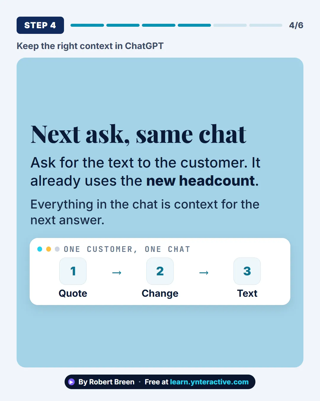 Keep the right context in ChatGPT. Step 4: Next ask, same chat. Ask for the text to the customer. It already uses the new headcount. Everything in the chat is context for the next answer. By Robert Breen. Stepthrough, free at learn.ynteractive.com.