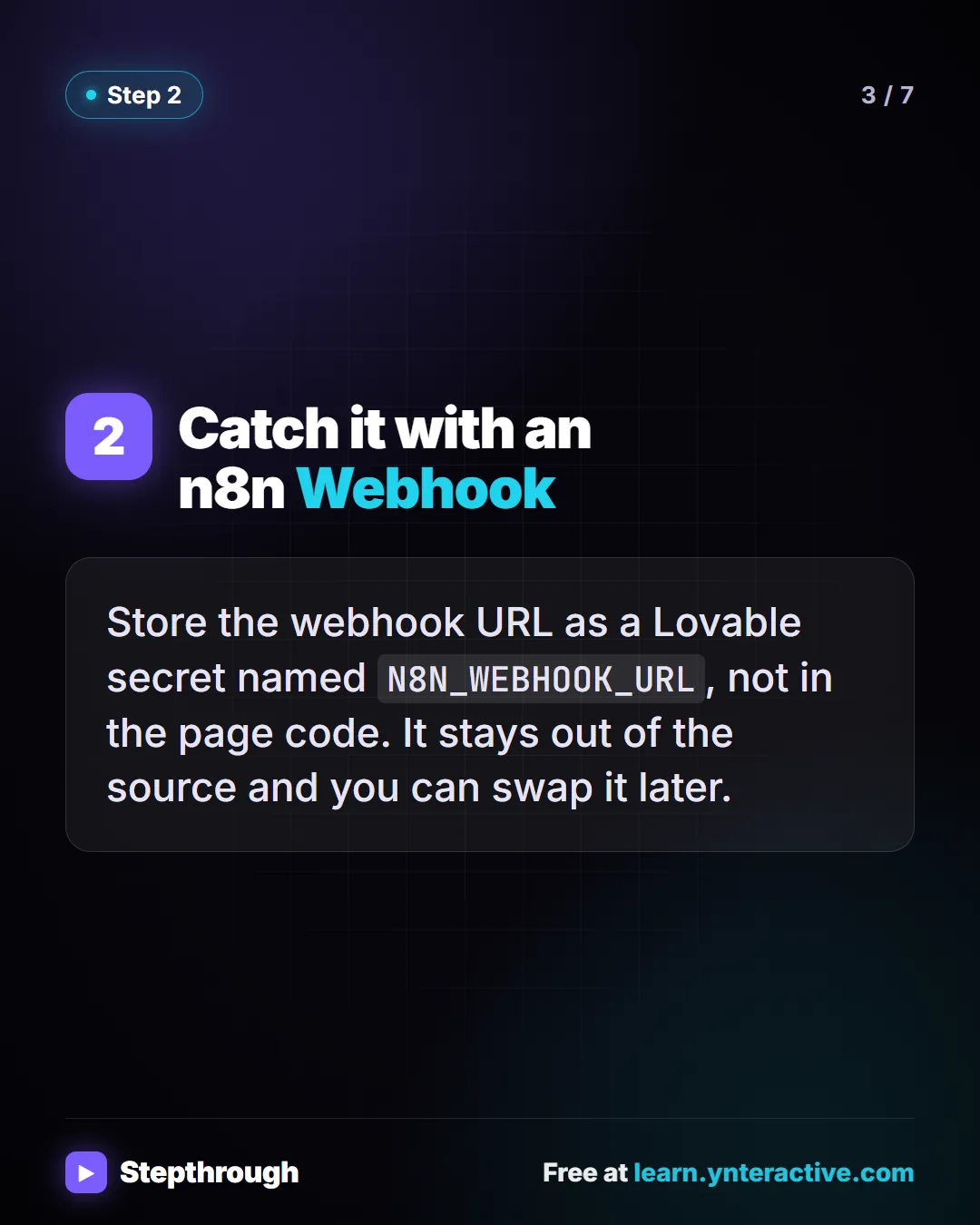 Catch it with an n8n Webhook. Store the webhook URL as a Lovable secret named N8N_WEBHOOK_URL, not in the page code. It stays out of the source and you can swap it later. Stepthrough, free at learn.ynteractive.com.