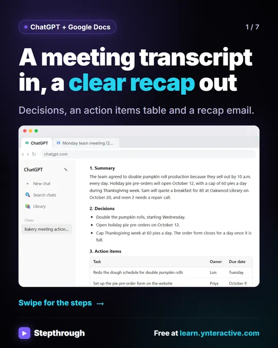 ChatGPT + Google Docs. A meeting transcript in, a clear recap out. Stepthrough, free at learn.ynteractive.com.