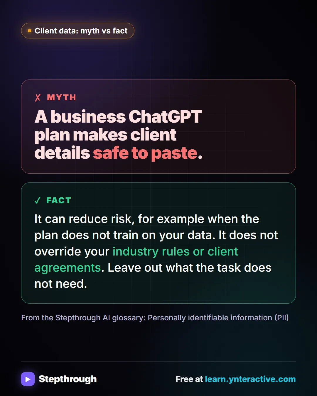 Client data: myth vs fact. Myth: A business ChatGPT plan makes client details safe to paste. Fact: It can reduce risk, for example when the plan does not train on your data. It does not override your industry rules or client agreements. Leave out what the task does not need.