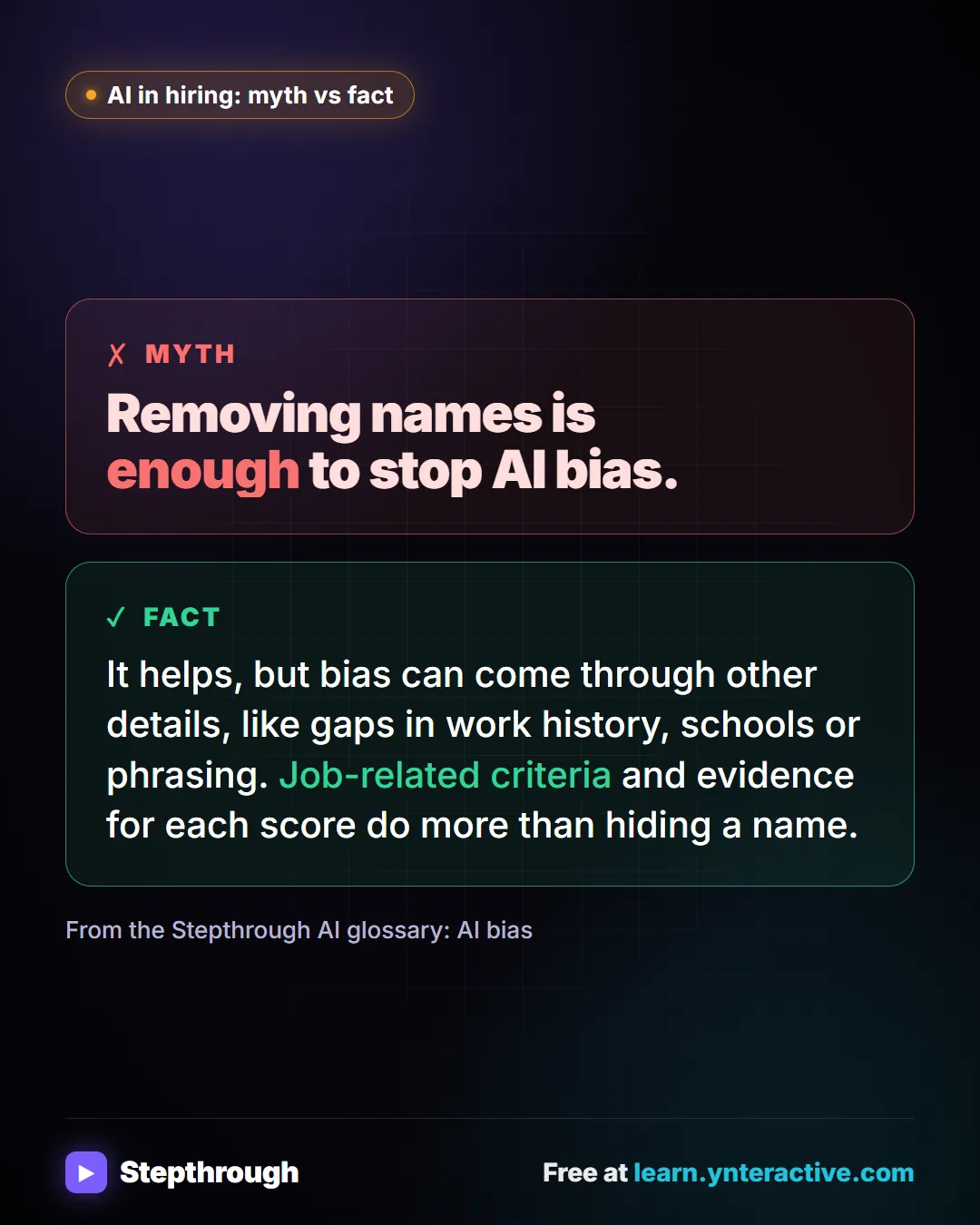 AI in hiring: myth vs fact. Myth: Removing names is enough to stop AI bias. Fact: It helps, but bias can come through other details, like gaps in work history, schools or phrasing. Job-related criteria and evidence for each score do more than hiding a name.