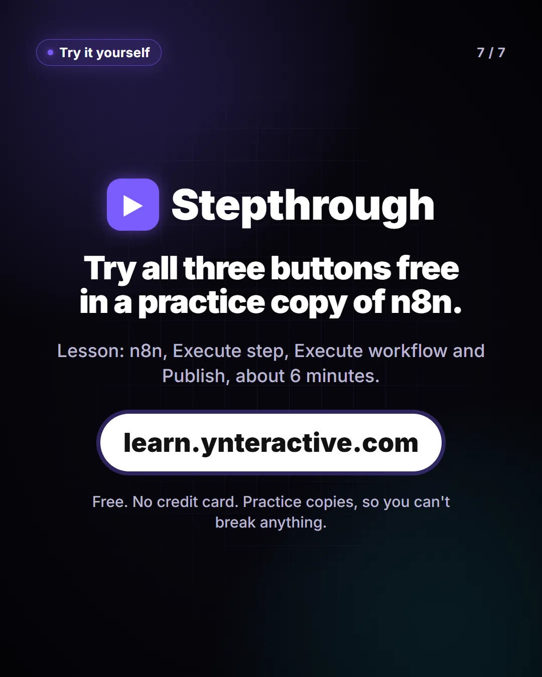 Try all three buttons free in a practice copy of n8n. Lesson: n8n, Execute step, Execute workflow and Publish, about 6 minutes. Free at learn.ynteractive.com.