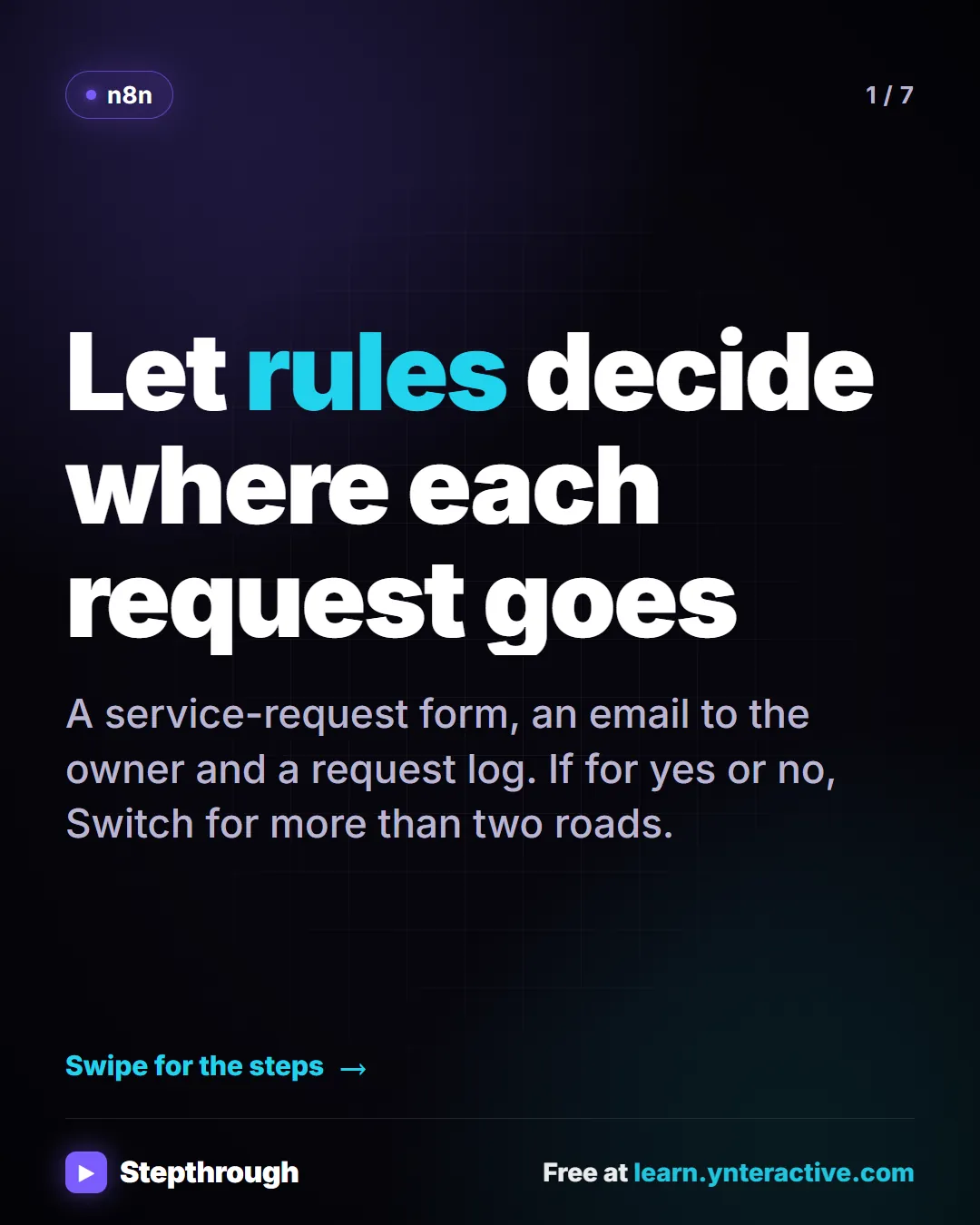 n8n. Let rules decide where each request goes. A service-request form, an email to the owner and a request log. If for yes or no, Switch for more than two roads.