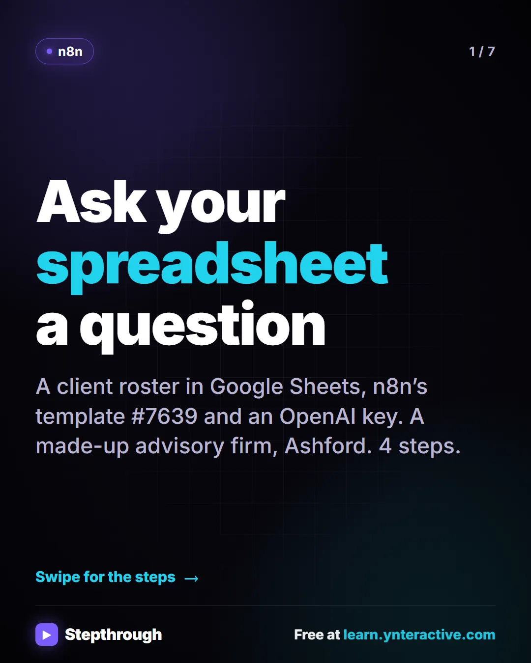 n8n. Ask your spreadsheet a question. A client roster in Google Sheets, n8n’s template #7639 and an OpenAI key. A made-up advisory firm, Ashford. 4 steps.