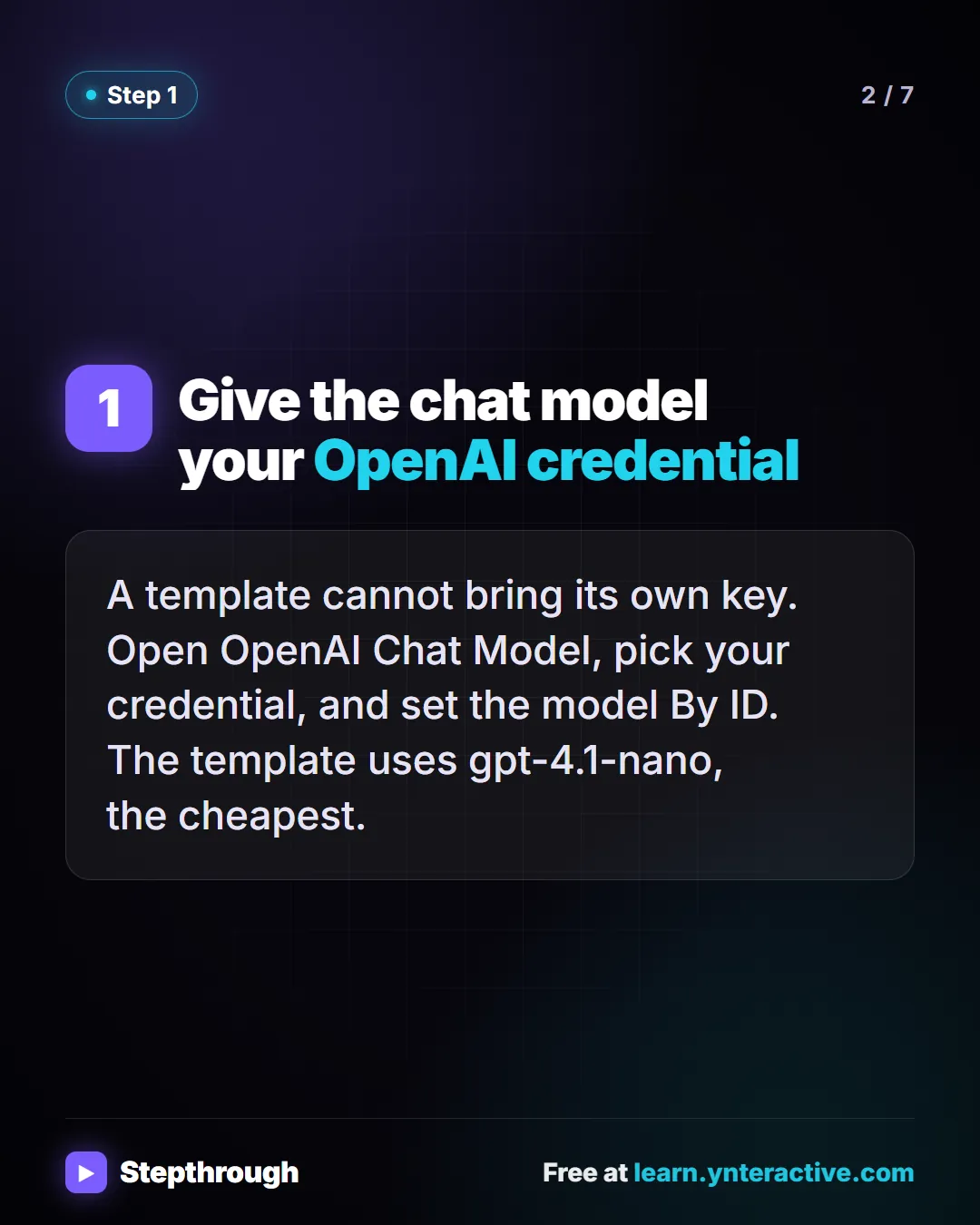Step 1. Give the chat model your OpenAI credential. A template cannot bring its own key. Open OpenAI Chat Model, pick your credential, and set the model By ID. The template uses gpt-4.1-nano, the cheapest.