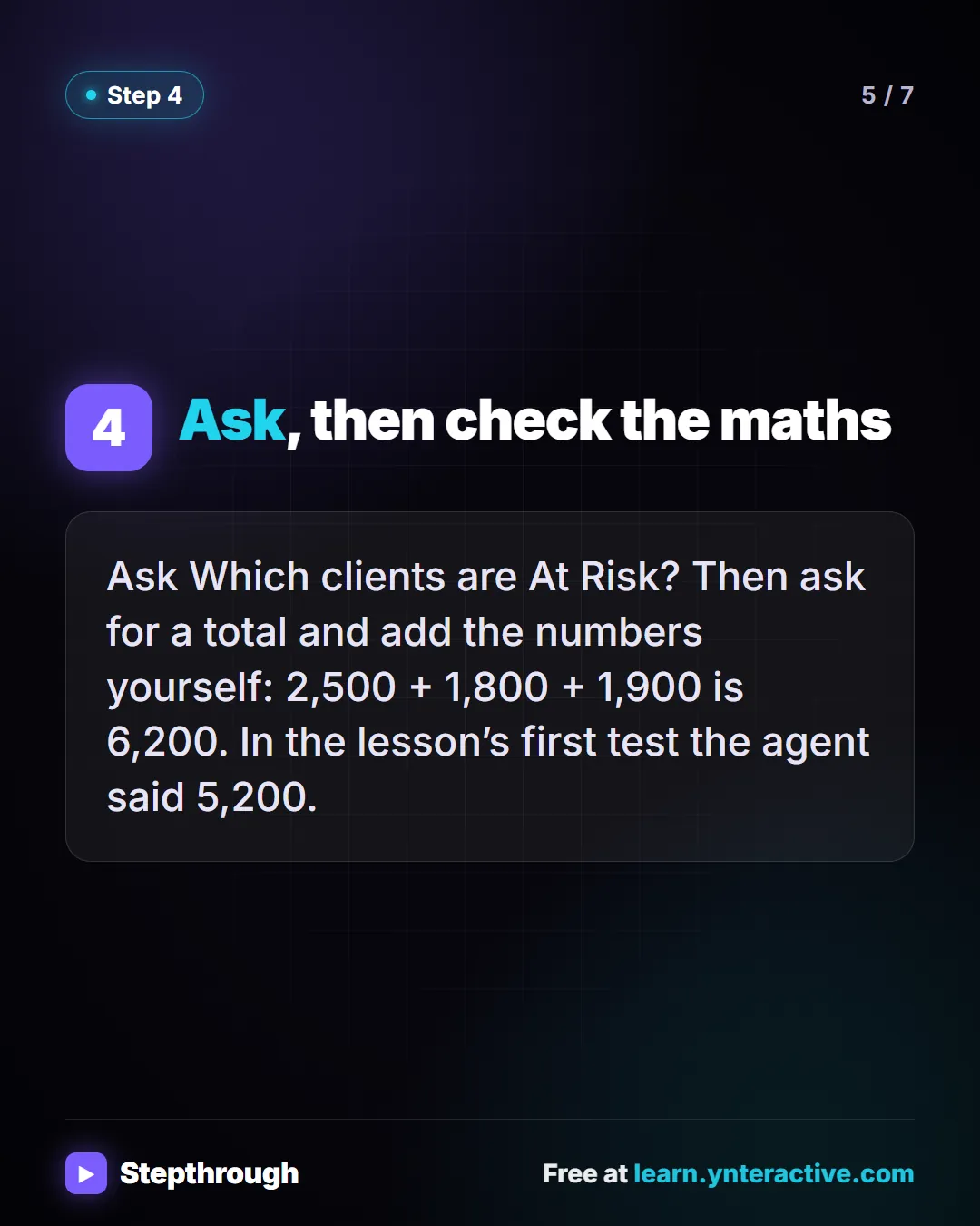 Step 4. Ask, then check the maths. Ask Which clients are At Risk? Then ask for a total and add the numbers yourself: 2,500 + 1,800 + 1,900 is 6,200. In the lesson’s first test the agent said 5,200.