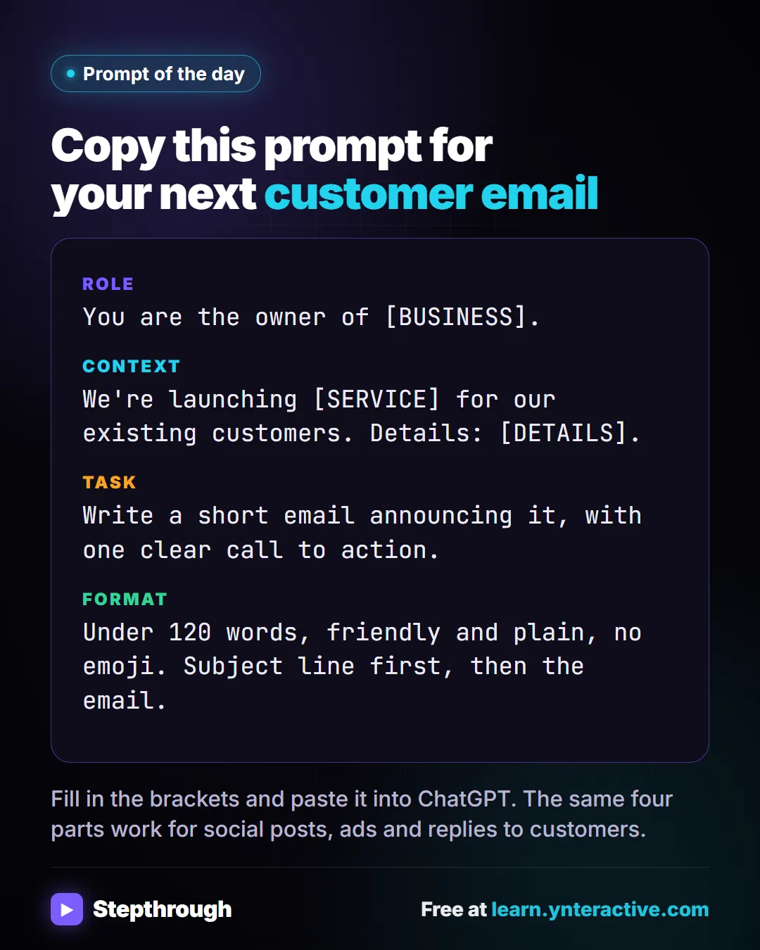 Copy this prompt for your next customer email. Stepthrough, free at learn.ynteractive.com.