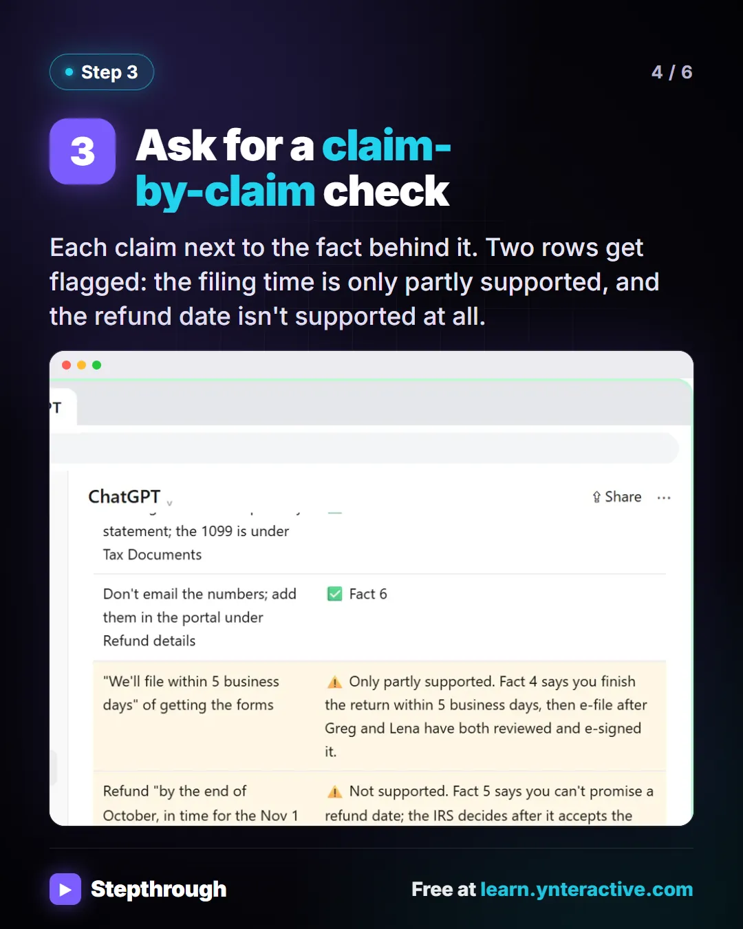 Ask for a claim-by-claim check. Each claim next to the fact behind it. Two rows get flagged: the filing time is only partly supported, and the refund date isn't supported at all. Stepthrough, free at learn.ynteractive.com.
