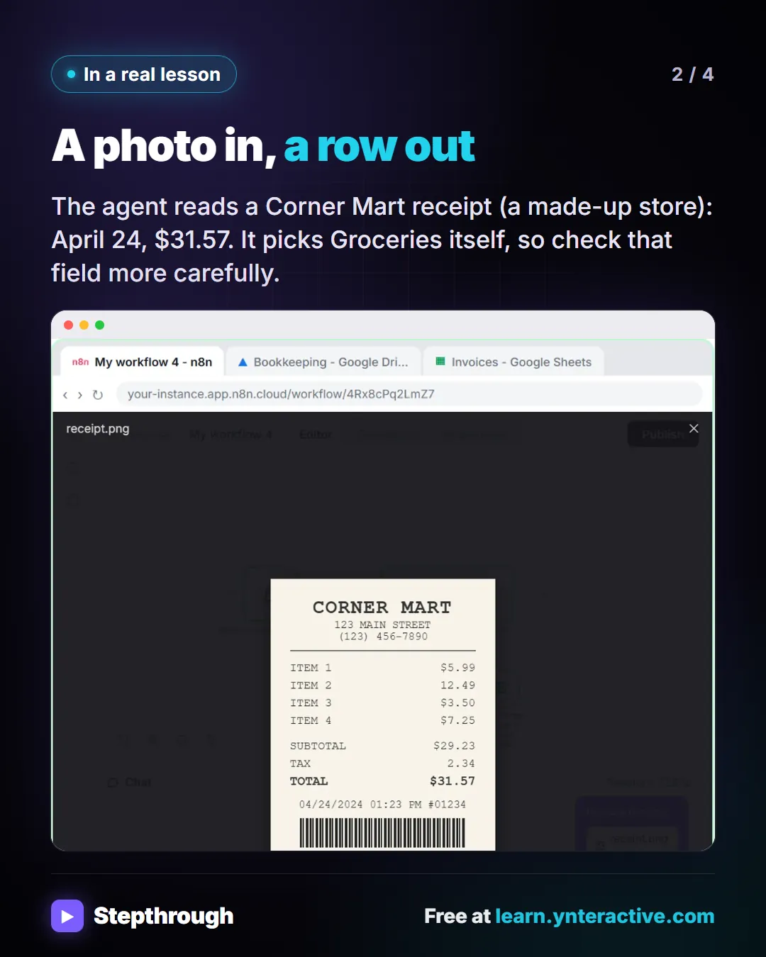 In a real lesson. A photo in, a row out. The agent reads a Corner Mart receipt (a made-up store): April 24, $31.57. It picks Groceries itself, so check that field more carefully. Screenshot: Corner Mart receipt image sent in the n8n chat, with the agent confirming the row it added.