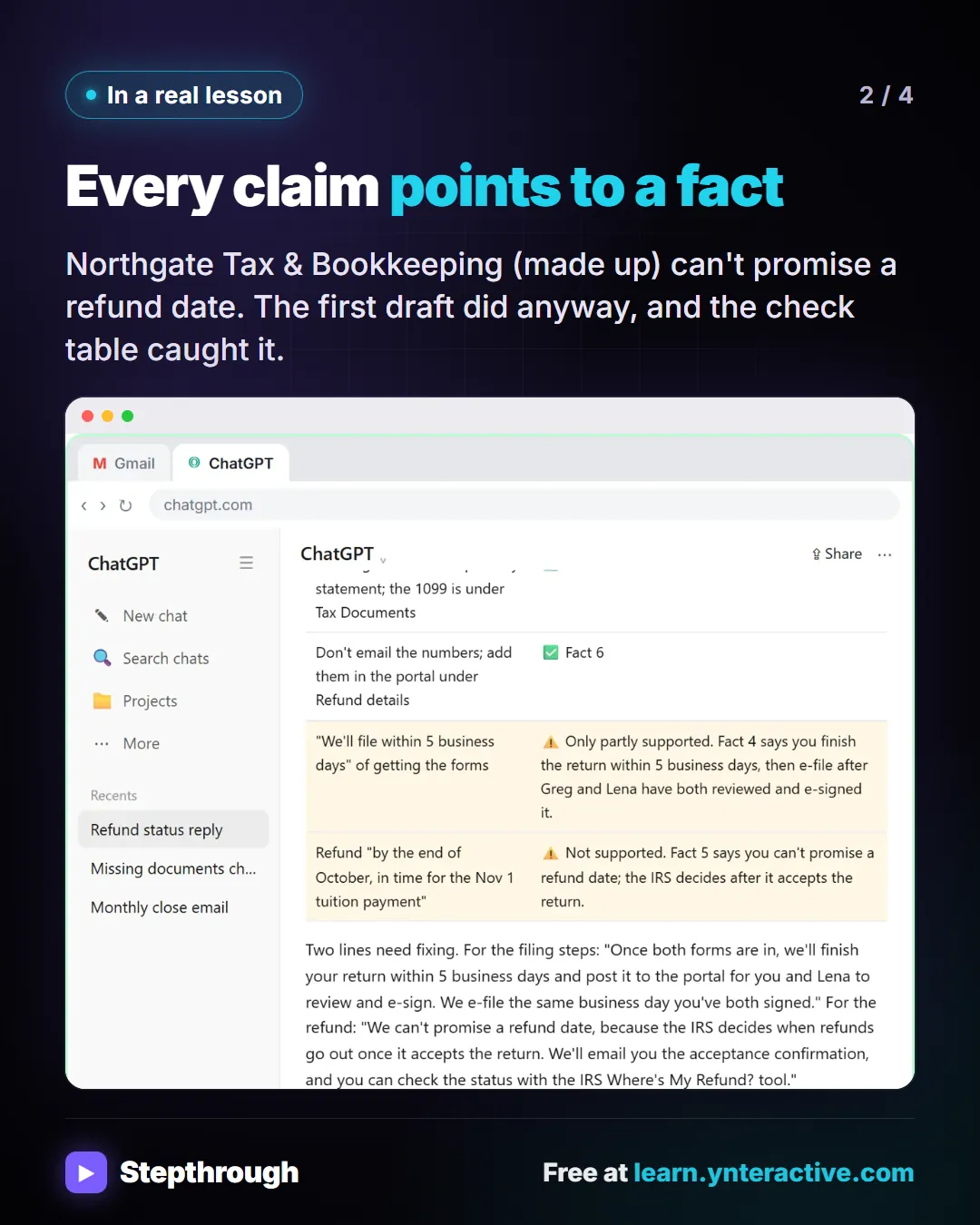 In a real lesson. Every claim points to a fact. Northgate Tax & Bookkeeping (made up) can't promise a refund date. The first draft did anyway, and the check table caught it. Screenshot: ChatGPT table matching each claim in the draft to a numbered fact, with two rows flagged: filing within 5 business days is only partly supported and the refund date is not supported.