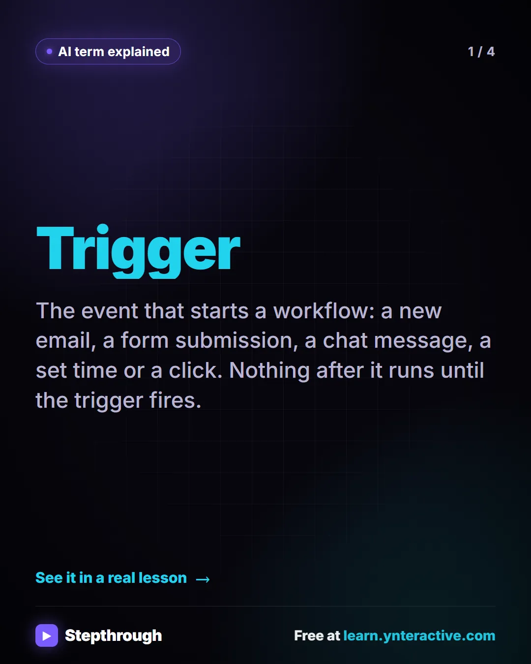 AI term explained. Trigger. The event that starts a workflow: a new email, a form submission, a chat message, a set time or a click. Nothing after it runs until the trigger fires.