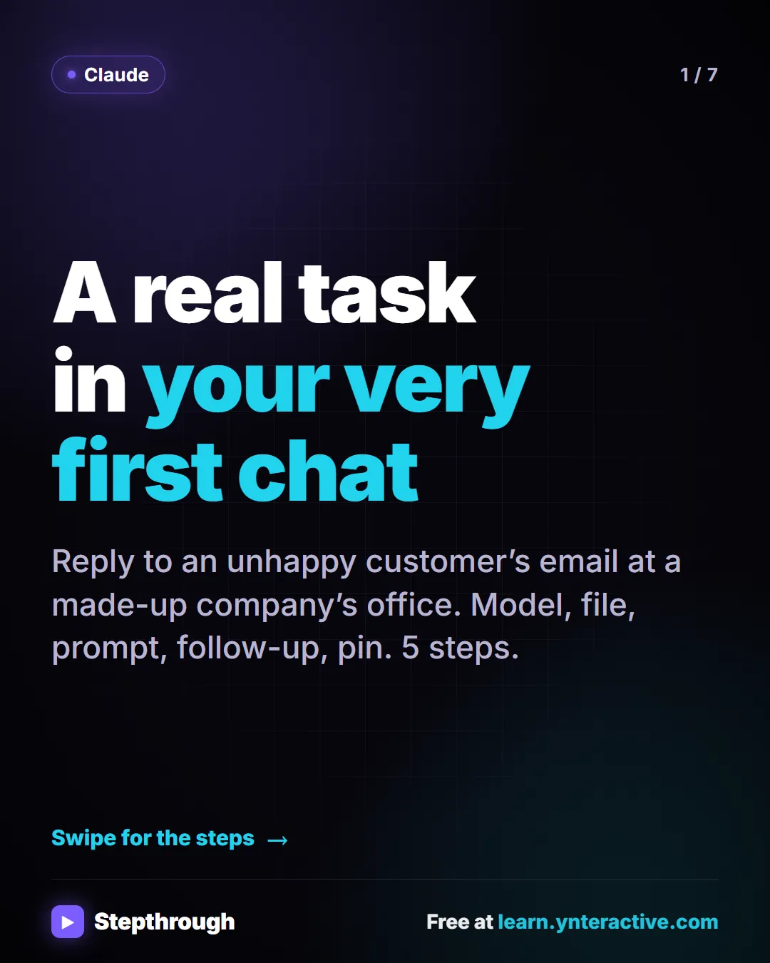 Claude. A real task in your very first chat. Reply to an unhappy customer’s email at a made-up company’s office. Model, file, prompt, follow-up, pin. 5 steps.